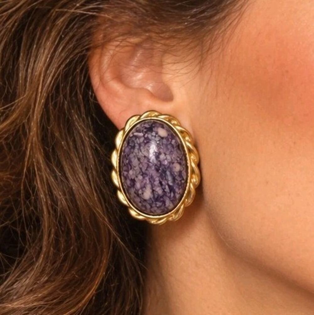 Vintage 80s Purple Jasper Clip On Earrings Gold Tone Oval Cabochon Statement